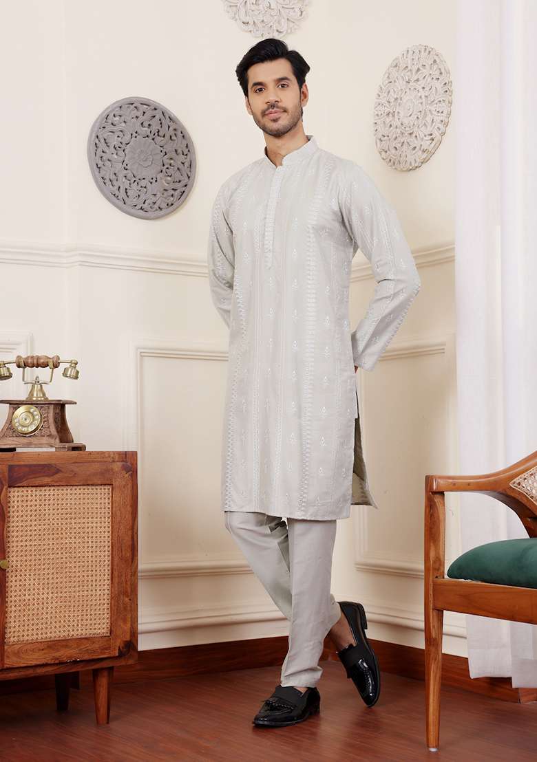 Light Green Embroidered Silk Kurta  Set For Men - Indya