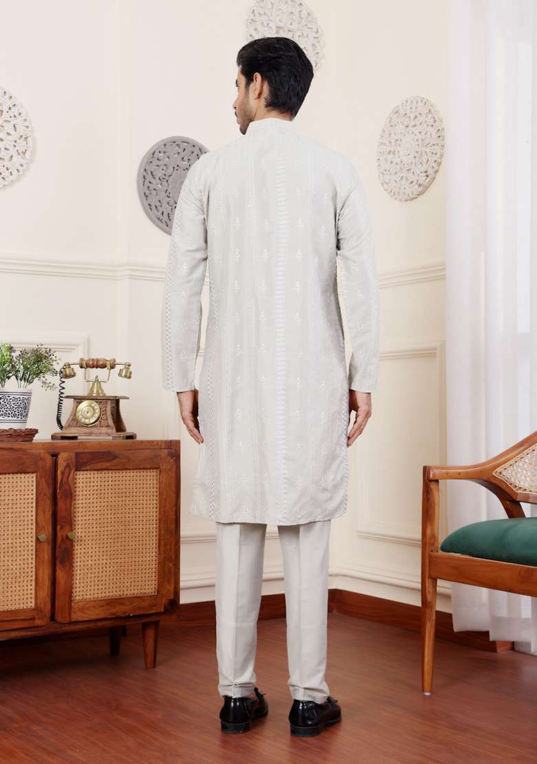 Light Green Embroidered Silk Kurta  Set For Men - Indya