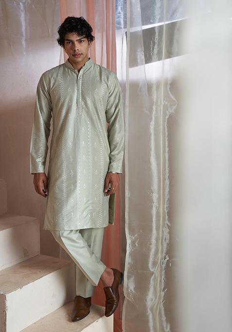 Light Green Embroidered Silk Kurta  Set For Men