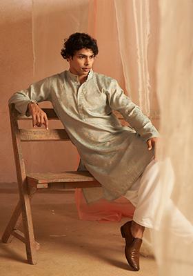 Light Blue Jacquard Viscose Kurta For Men