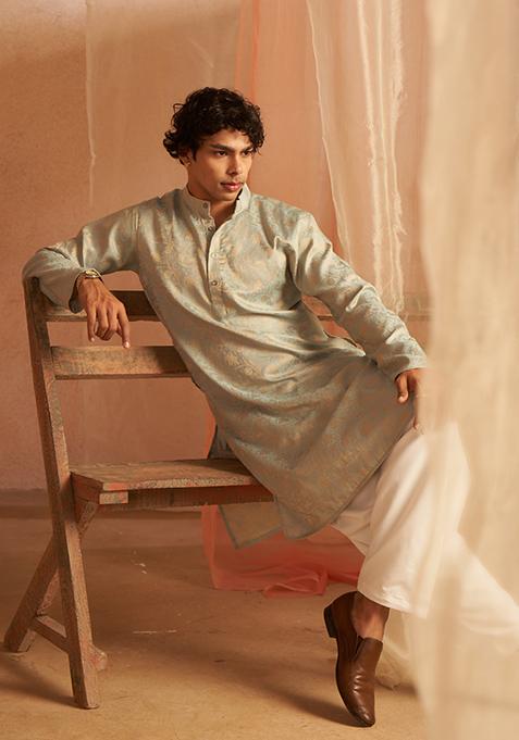 Light Blue Jacquard Viscose Kurta For Men