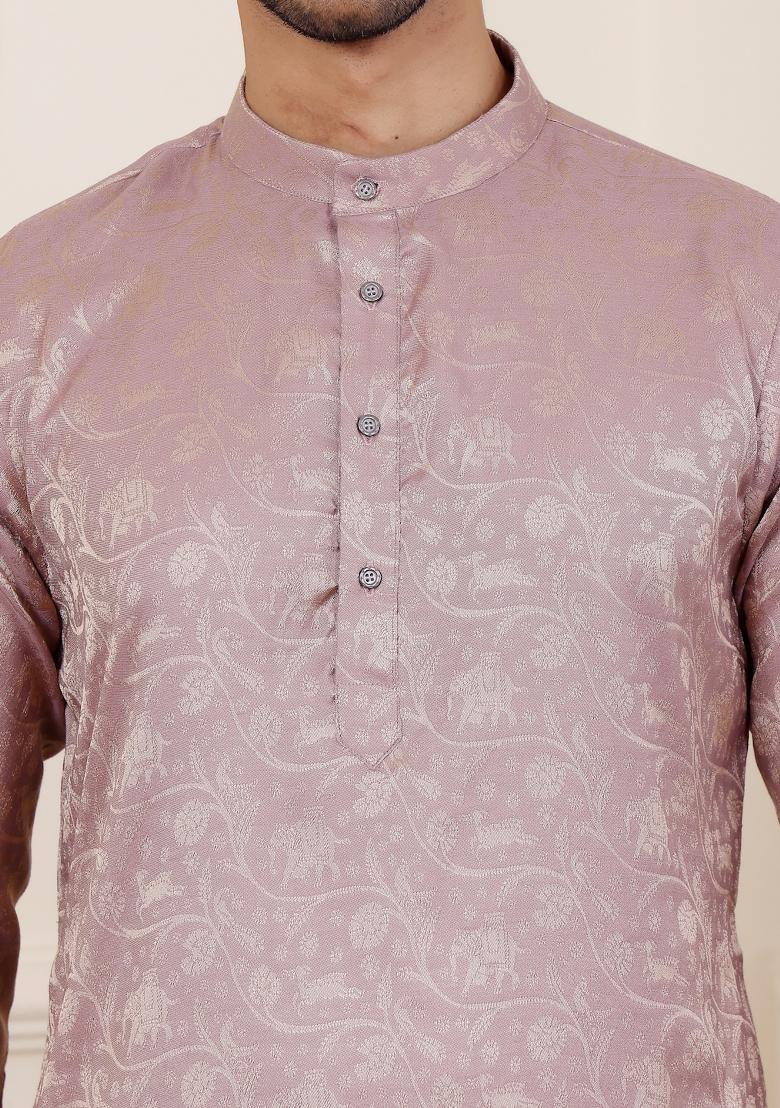 Mauve Jacquard Modal Silk Kurta For Men - Indya
