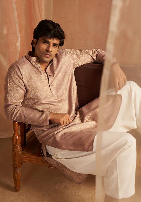 Mauve Jacquard Modal Silk Kurta For Men