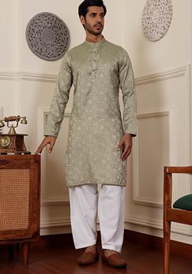 Green Jacquard Viscose Kurta For Men