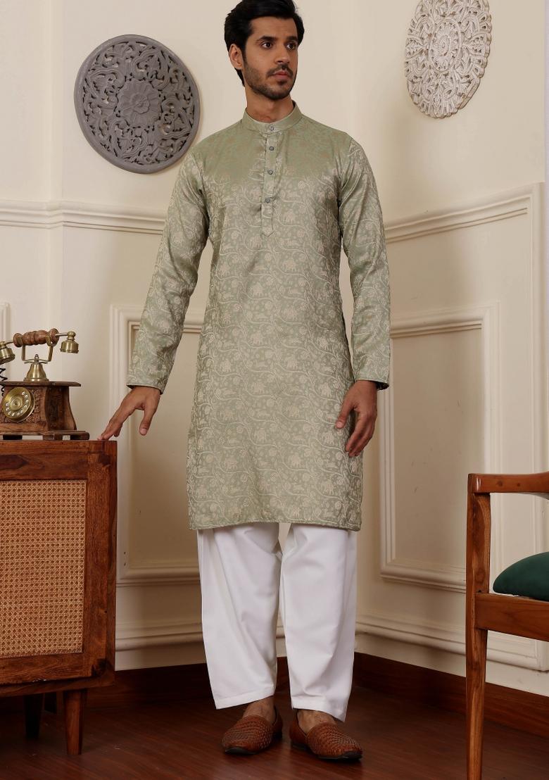 Green Jacquard Viscose Kurta For Men