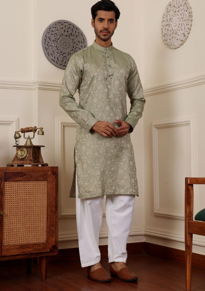 Green Jacquard Viscose Kurta For Men