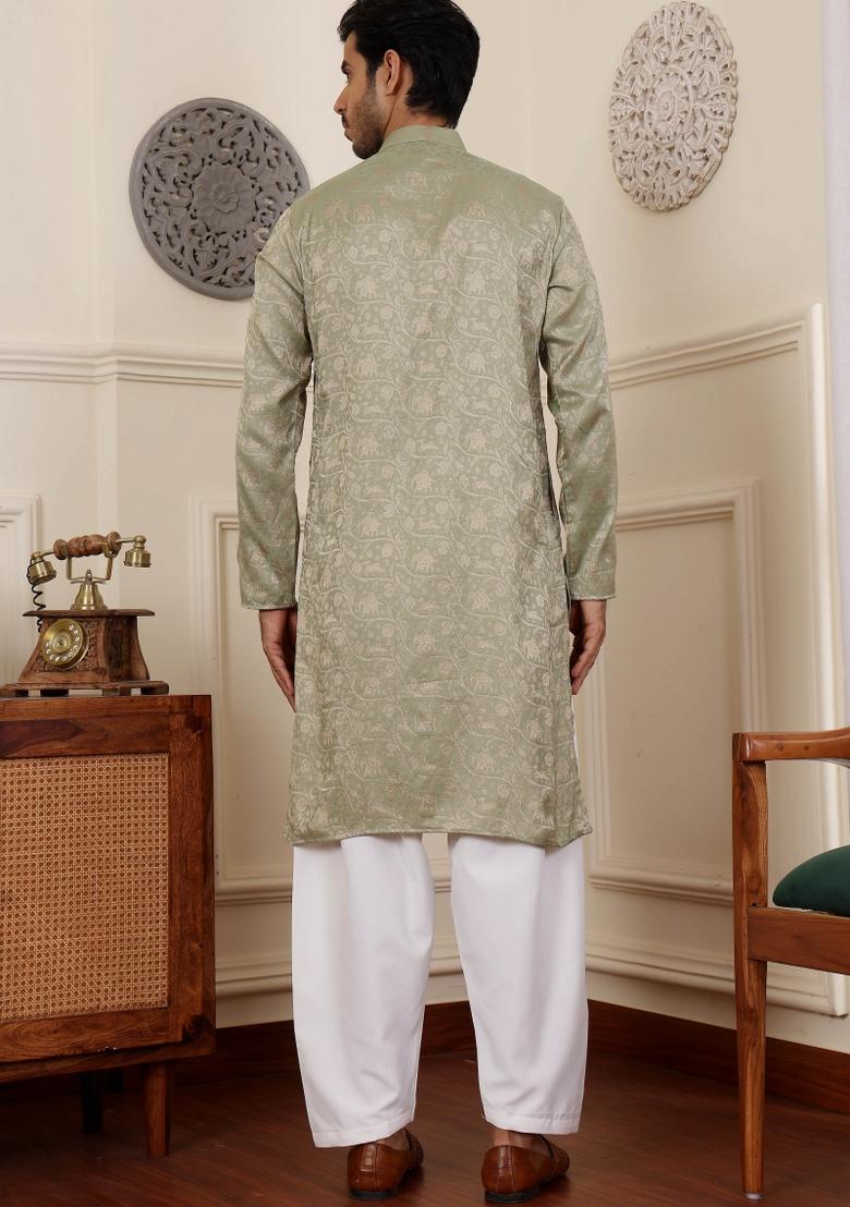 Green Jacquard Viscose Kurta For Men