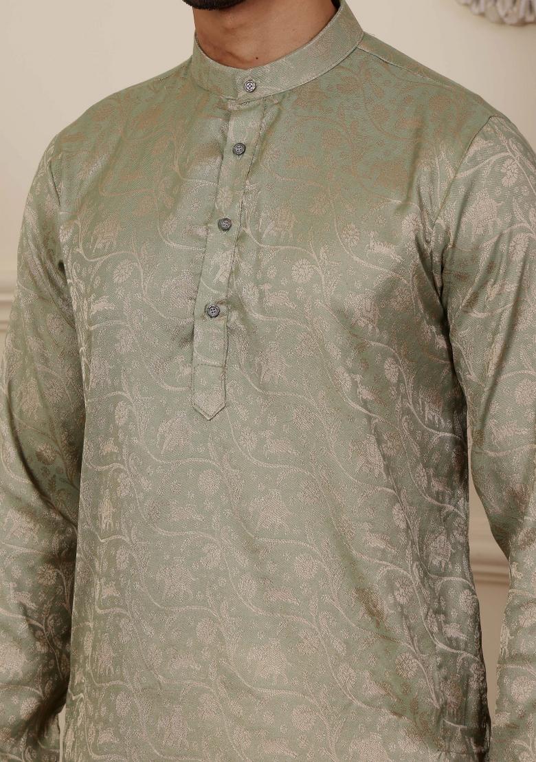 Green Jacquard Viscose Kurta For Men