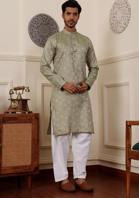 Green Jacquard Viscose Kurta For Men