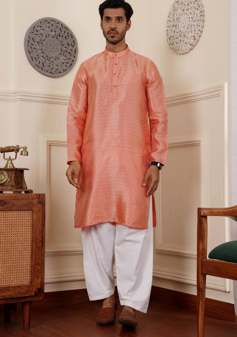 Orange Jacquard Viscose Kurta For Men