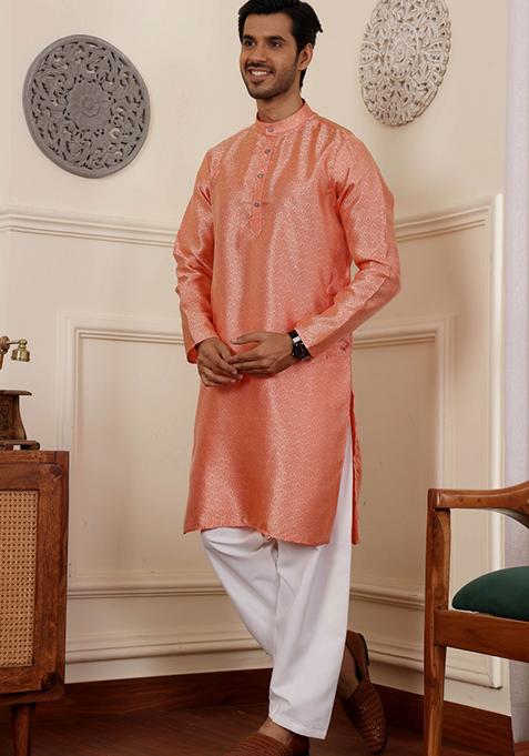 Orange Jacquard Viscose Kurta For Men