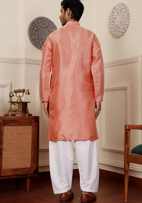 Orange Jacquard Viscose Kurta For Men
