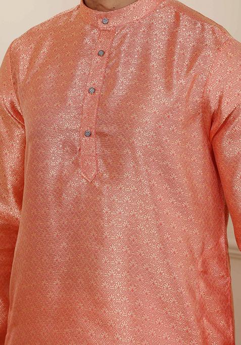 Orange Jacquard Viscose Kurta For Men