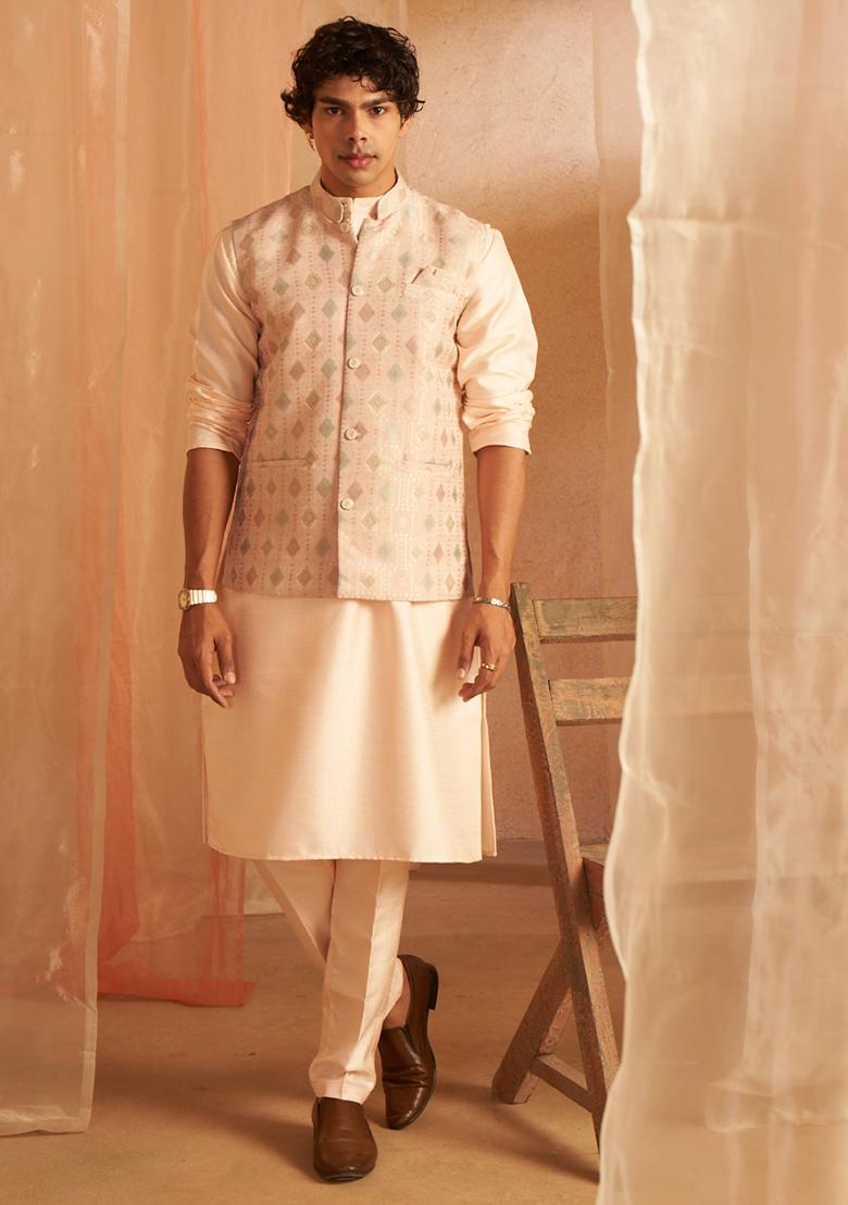 Peach Embroidered Viscose Nehru Jacket Set For Men