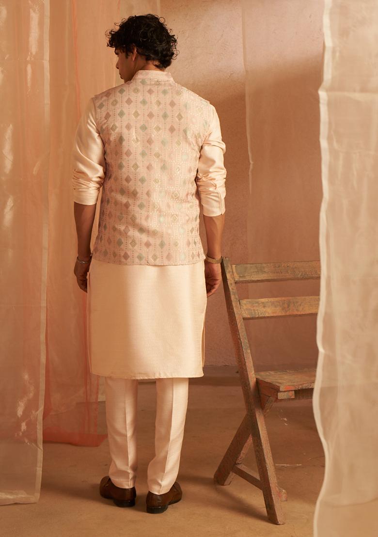 Peach Embroidered Viscose Nehru Jacket Set For Men
