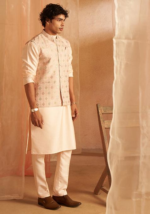 Peach Embroidered Viscose Nehru Jacket Set For Men