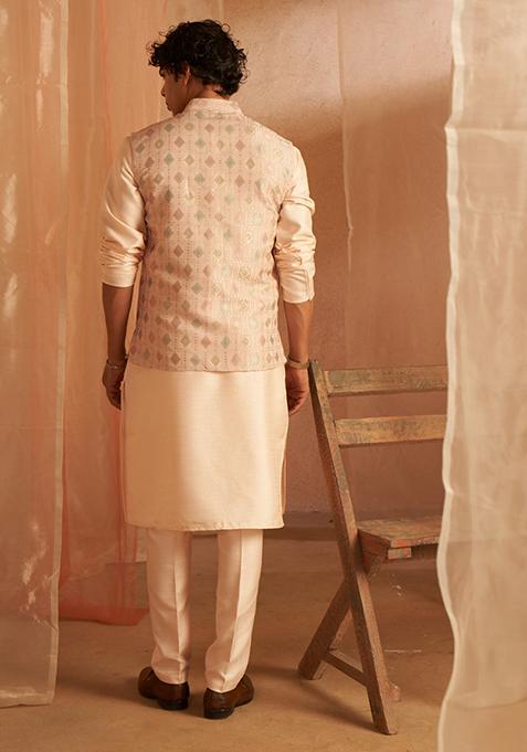 Peach Embroidered Viscose Nehru Jacket Set For Men