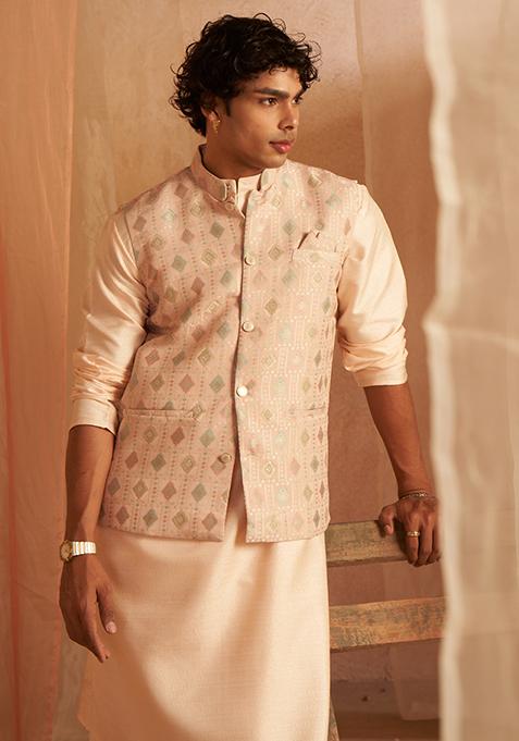 Peach Embroidered Viscose Nehru Jacket Set For Men
