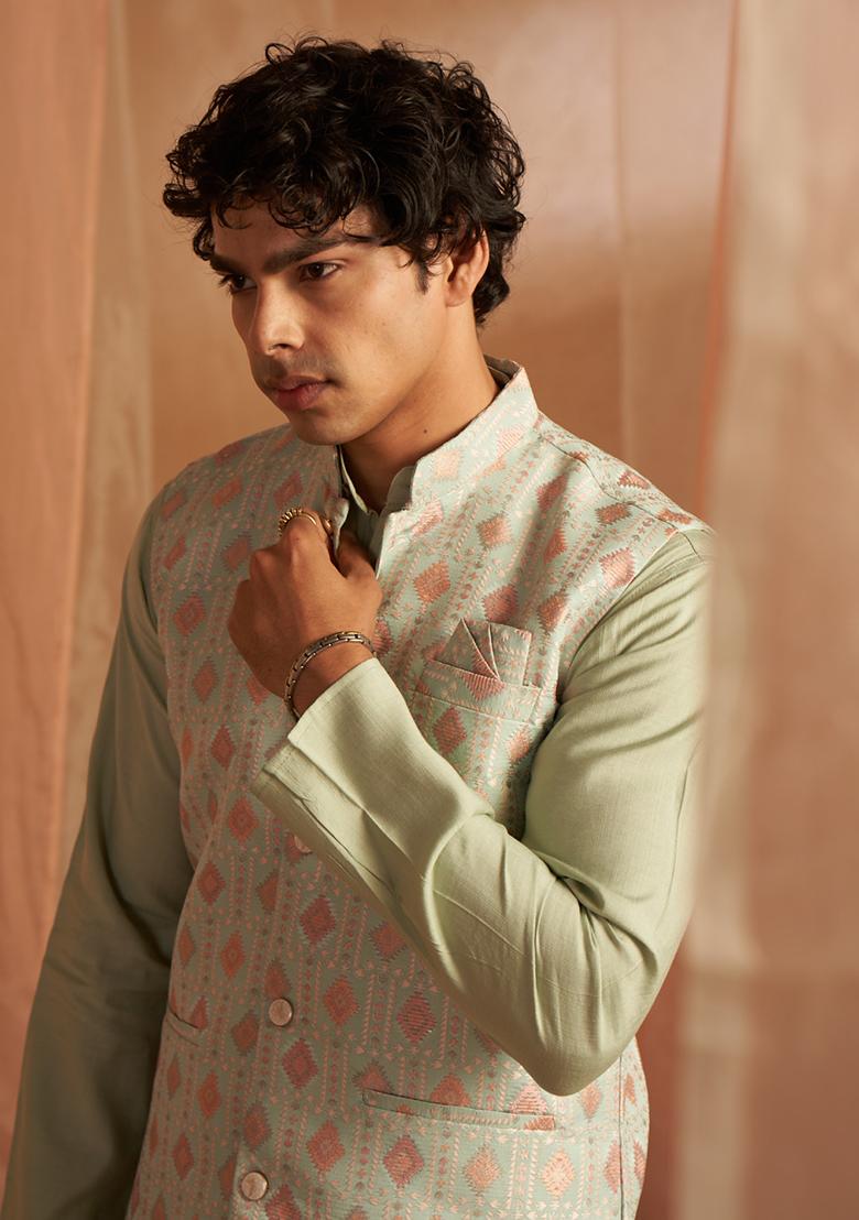 Pastel Green Embroidered Viscose Nehru Jacket  Set For Men - Indya