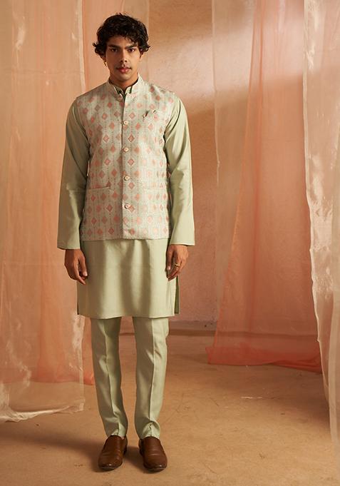 Pastel Green Embroidered Viscose Nehru Jacket Set For Men — view on Indya