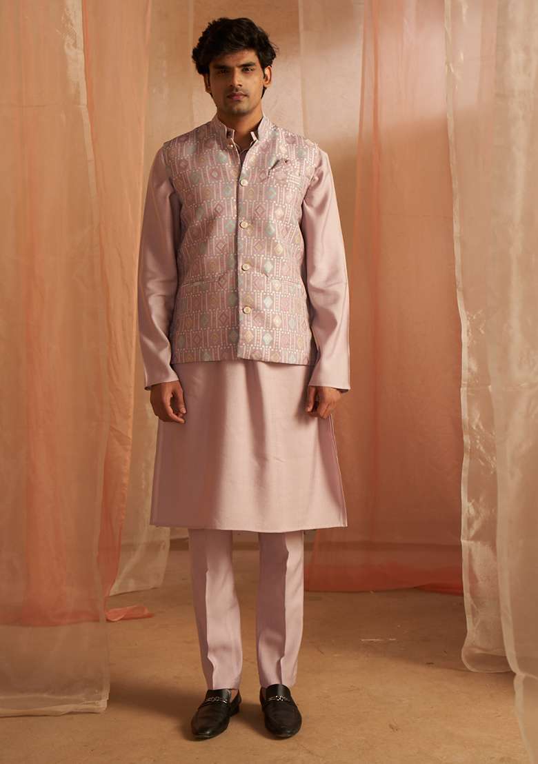 Purple Embroidered Viscose Nehru Jacket  Set For Men - Indya