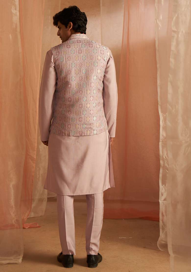Purple Embroidered Viscose Nehru Jacket  Set For Men - Indya