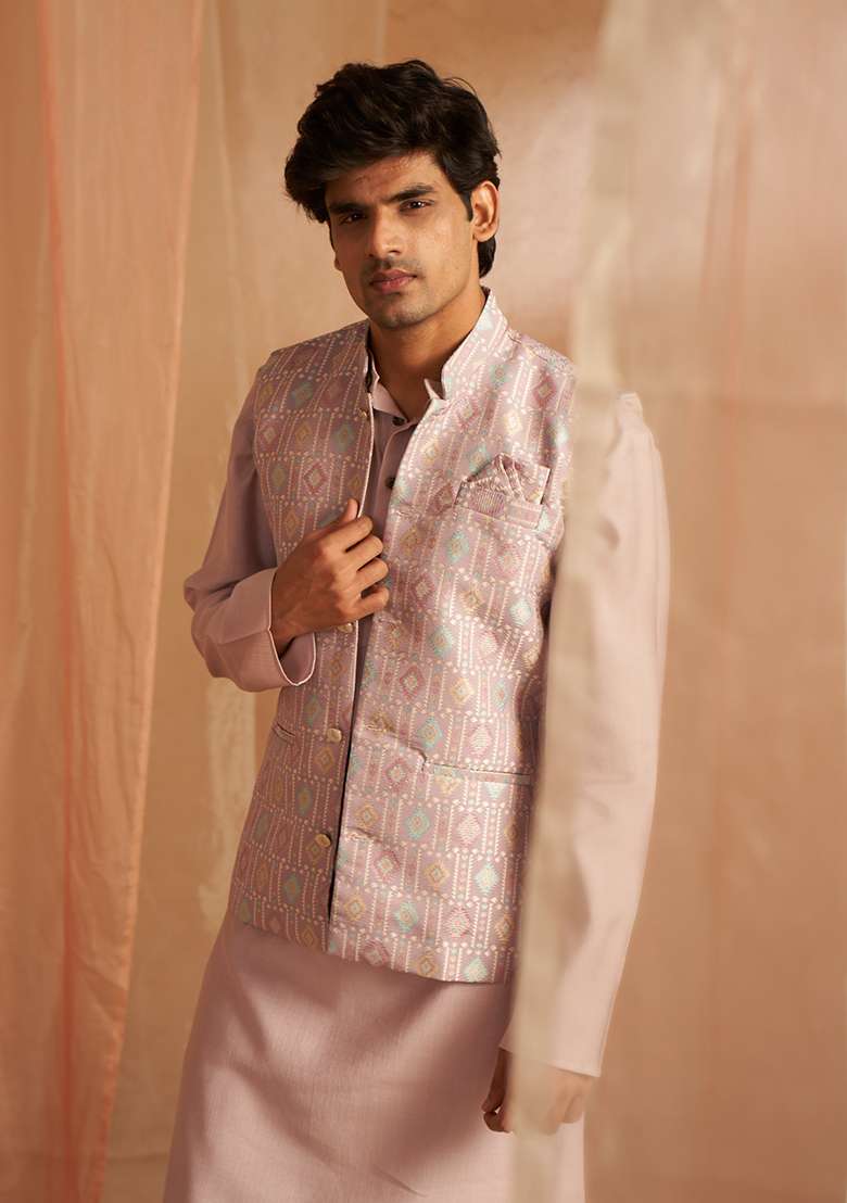 Purple Embroidered Viscose Nehru Jacket  Set For Men - Indya