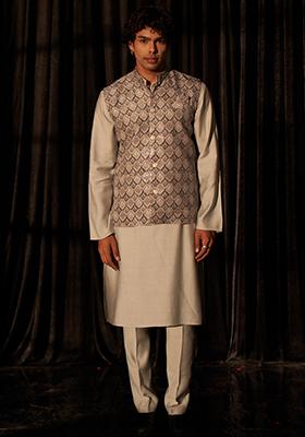 Bluish Grey Embroidered Viscose Nehru Jacket  Set For Men
