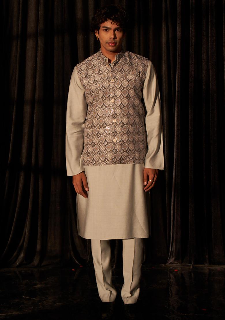 Bluish Grey Embroidered Viscose Nehru Jacket Set For Men