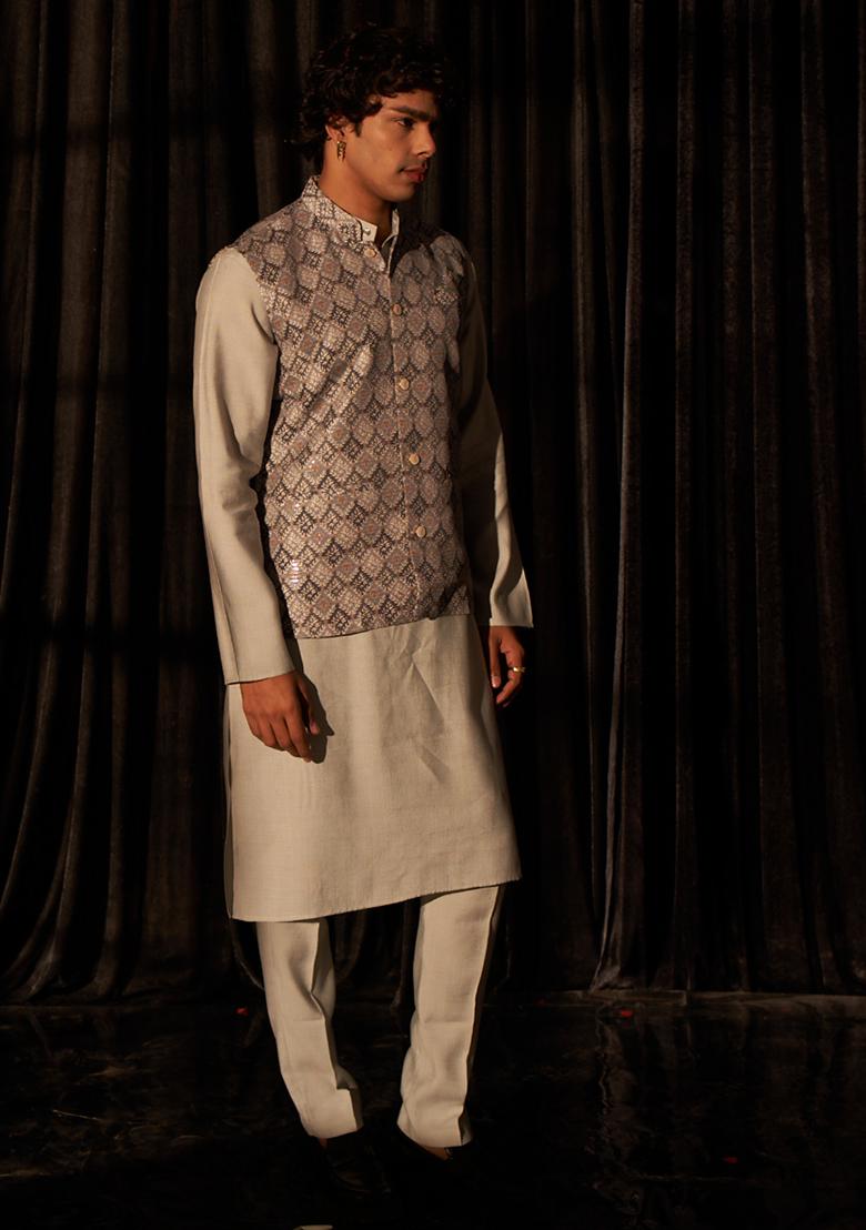 Bluish Grey Embroidered Viscose Nehru Jacket Set For Men