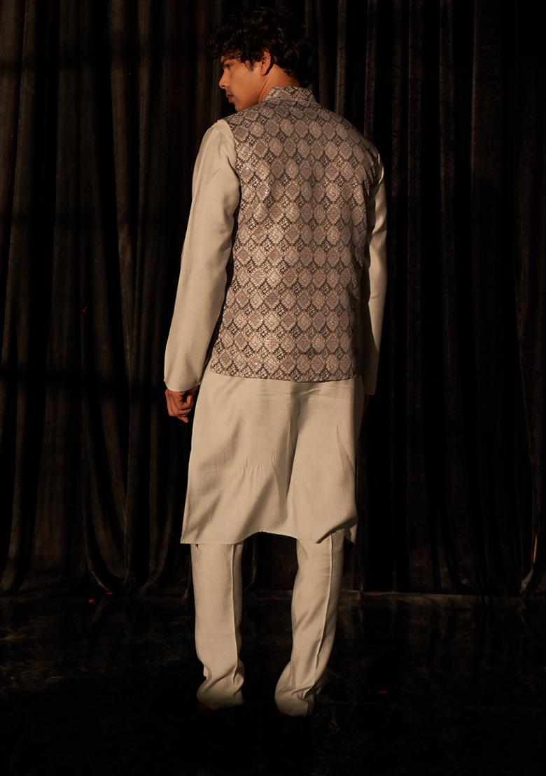Bluish Grey Embroidered Viscose Nehru Jacket Set For Men