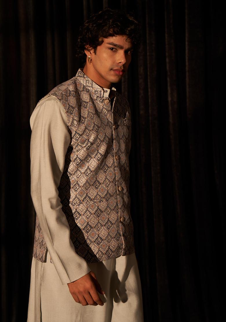 Bluish Grey Embroidered Viscose Nehru Jacket Set For Men