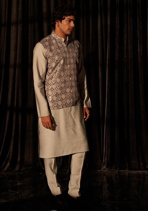 Bluish Grey Embroidered Viscose Nehru Jacket Set For Men