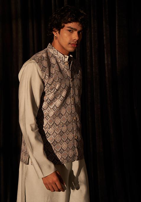 Bluish Grey Embroidered Viscose Nehru Jacket Set For Men