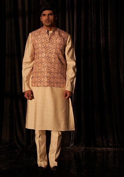 Light Brown Embroidered Viscose Nehru Jacket Set For Men — view on Indya