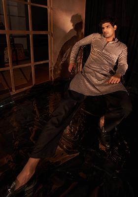 Mouse Brown Embroidered Viscose Kurta For Men