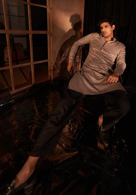 Mouse Brown Embroidered Viscose Kurta For Men