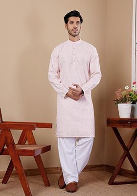 Off White Embroidered cotton Kurta For Men