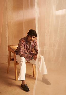 Purple Printed Silk Kurta For Men