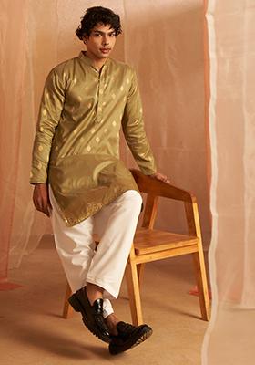 Mehandi Green Embroidered Cotton Kurta For Men