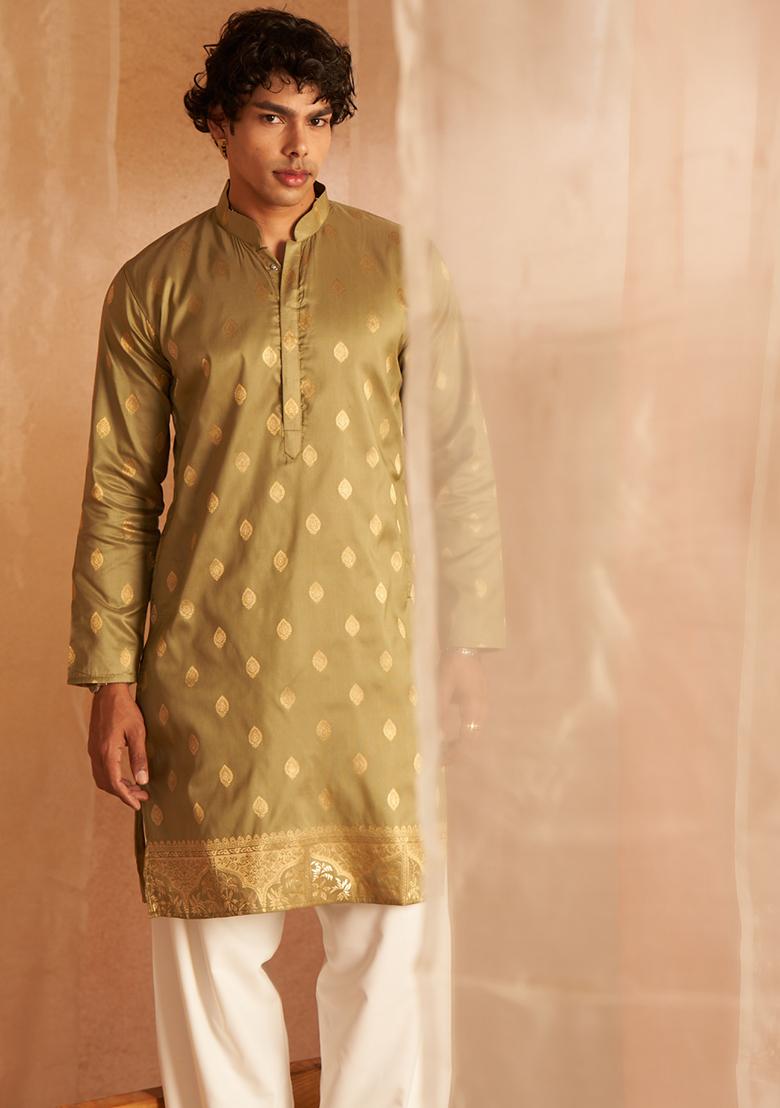 Mehandi Green Embroidered Cotton Kurta For Men - Indya