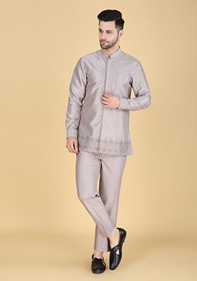 Grey Embroidered Silk Indo Western Sherwani Set For Men