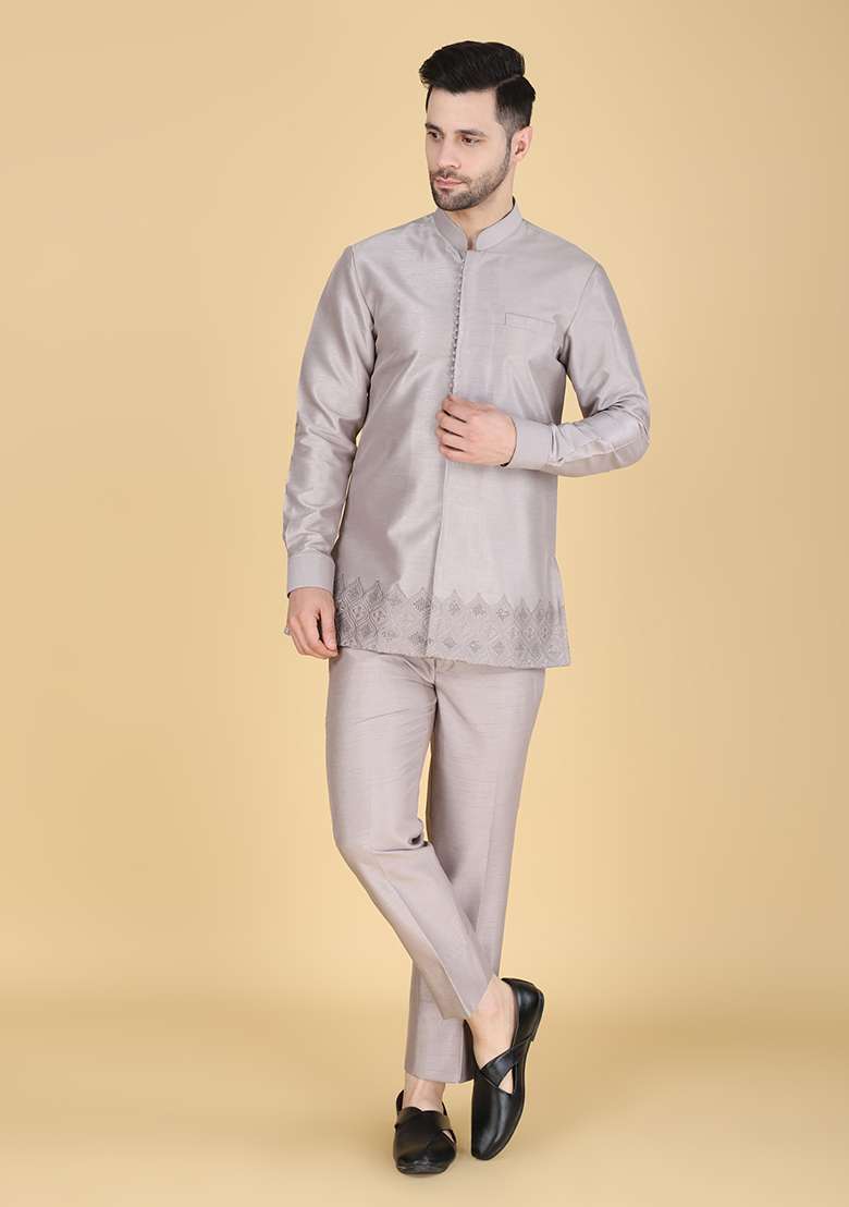 Grey Embroidered Silk Blend Indo Western Sherwani Set For Men - Indya