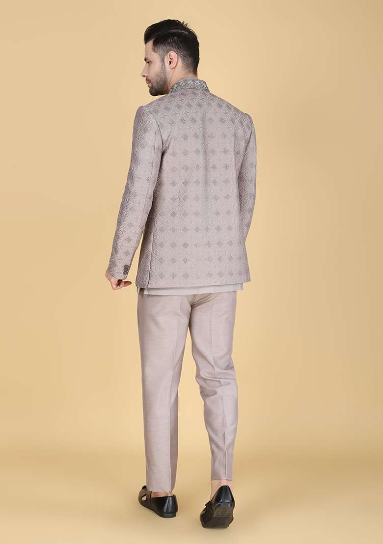 Grey Embroidered Silk Blend Indo Western Sherwani Set For Men - Indya