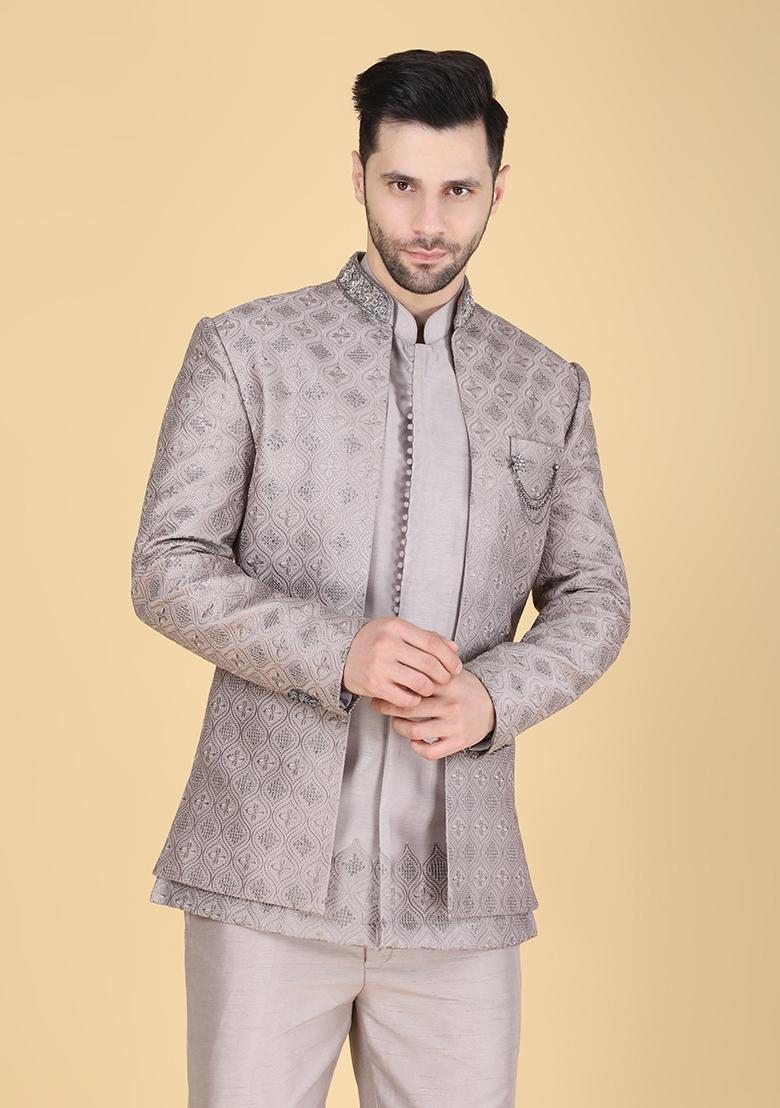 Grey Embroidered Silk Indo Western Sherwani Set For Men - Indya