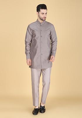 Grey Embroidered Silk Indo Western Sherwani Set For Men