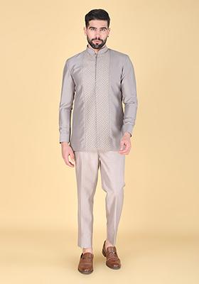 Grey Embroidered Silk Indo Western Sherwani Set For Men