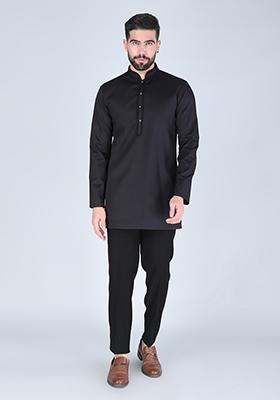 Black Embroidered Suiting Fabric Indo Western Sherwani Set For Men