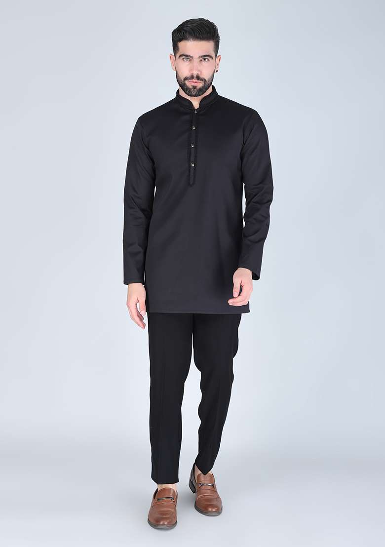 Black Embroidered Suiting Fabric Indo Western Sherwani Set For Men - Indya
