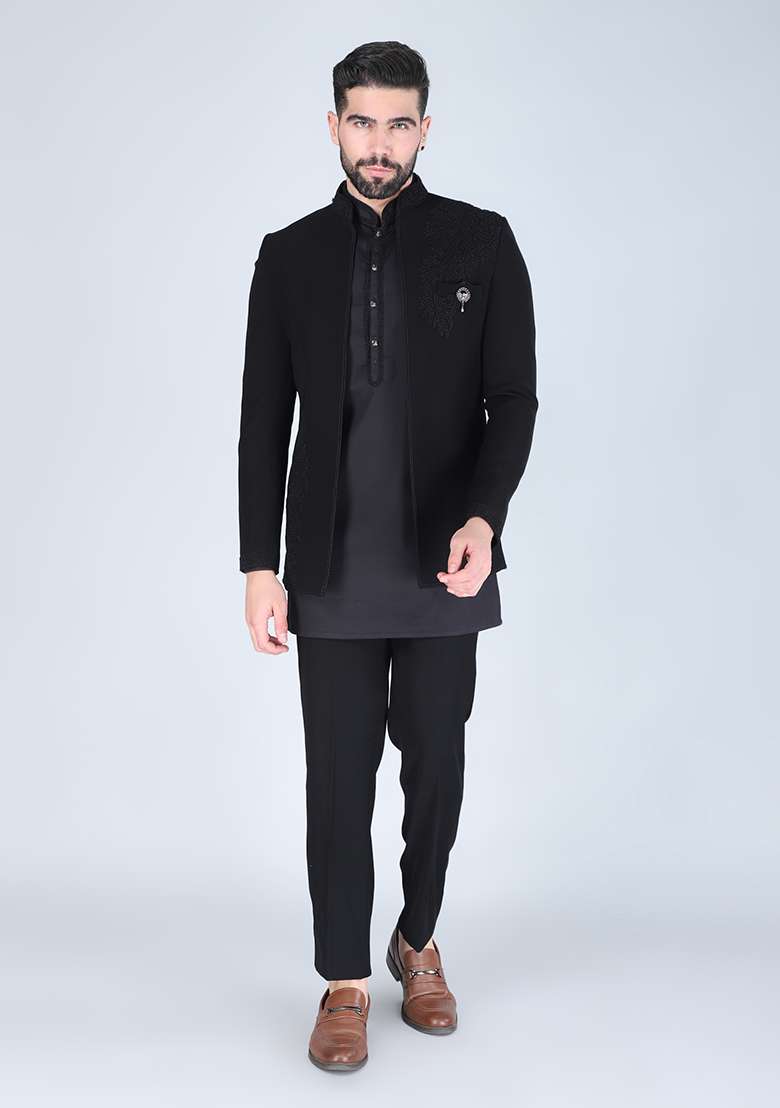 Black Embroidered Suiting Fabric Indo Western Sherwani Set For Men - Indya